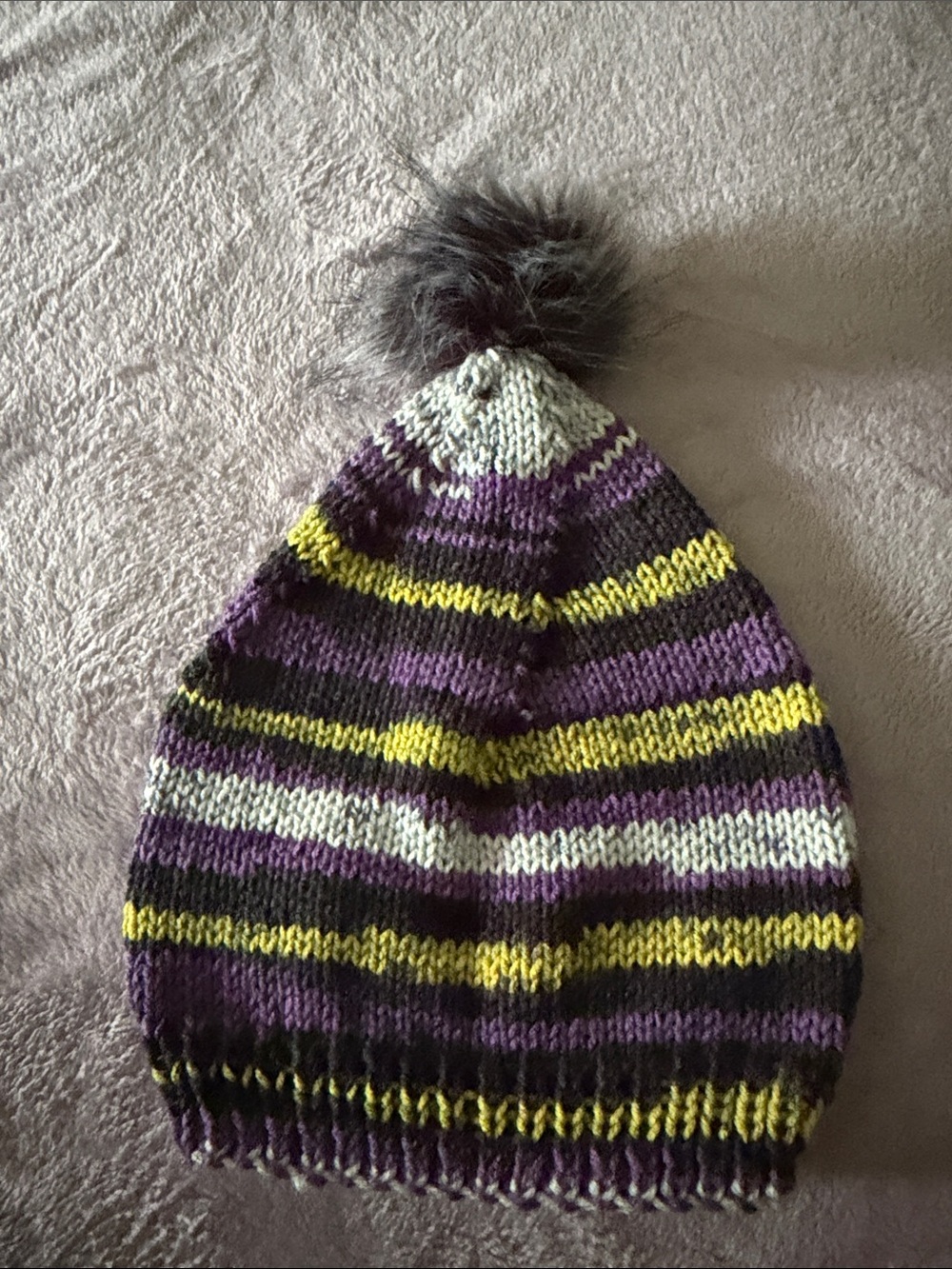 Adult Halloween Striped Knit Pom Beanie - with faux fur Pom